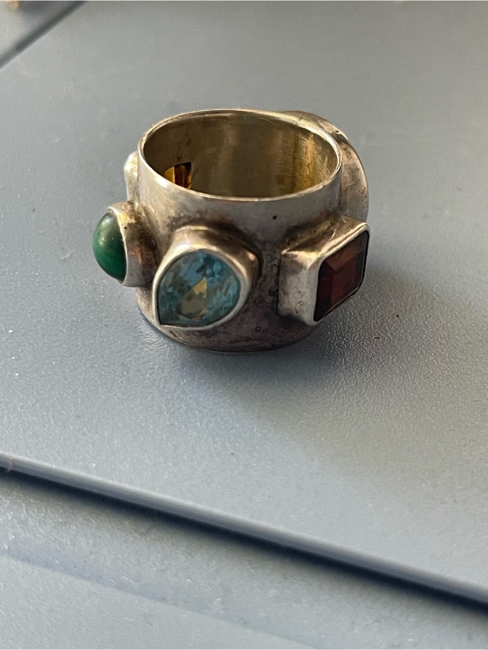 Silver Multi-Stone Statement Ring with Blue, Green and Red Gem Accents